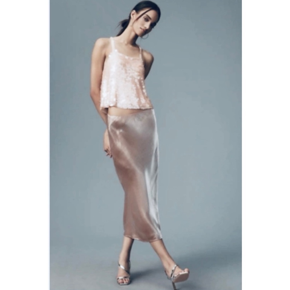 Anthropologie Satin Midi Skirt in Blush